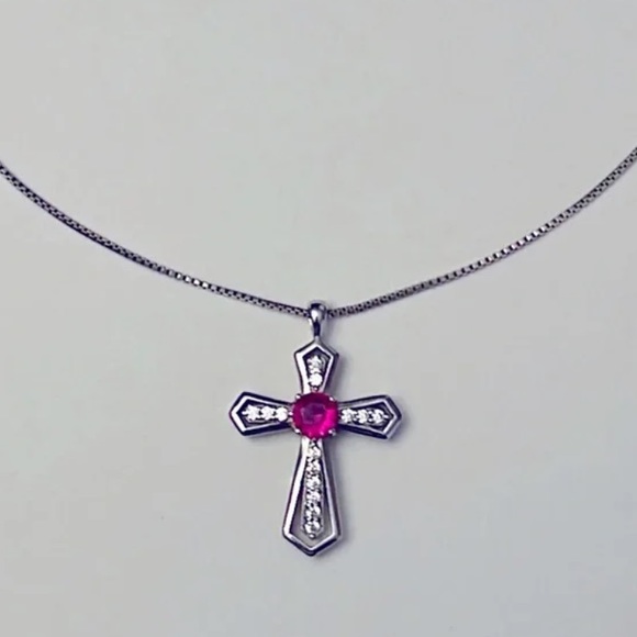 Genuine Diamonds & Pink Sapphire Cross Pendant Necklace on 925 Sterling Silver - Picture 1 of 8